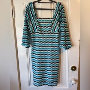 Trina Turk Quanit Square Neck Sleeved Zig Zag Raschel Knit Dress